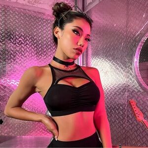 SHEIN Black Mesh Halter Sports Bra